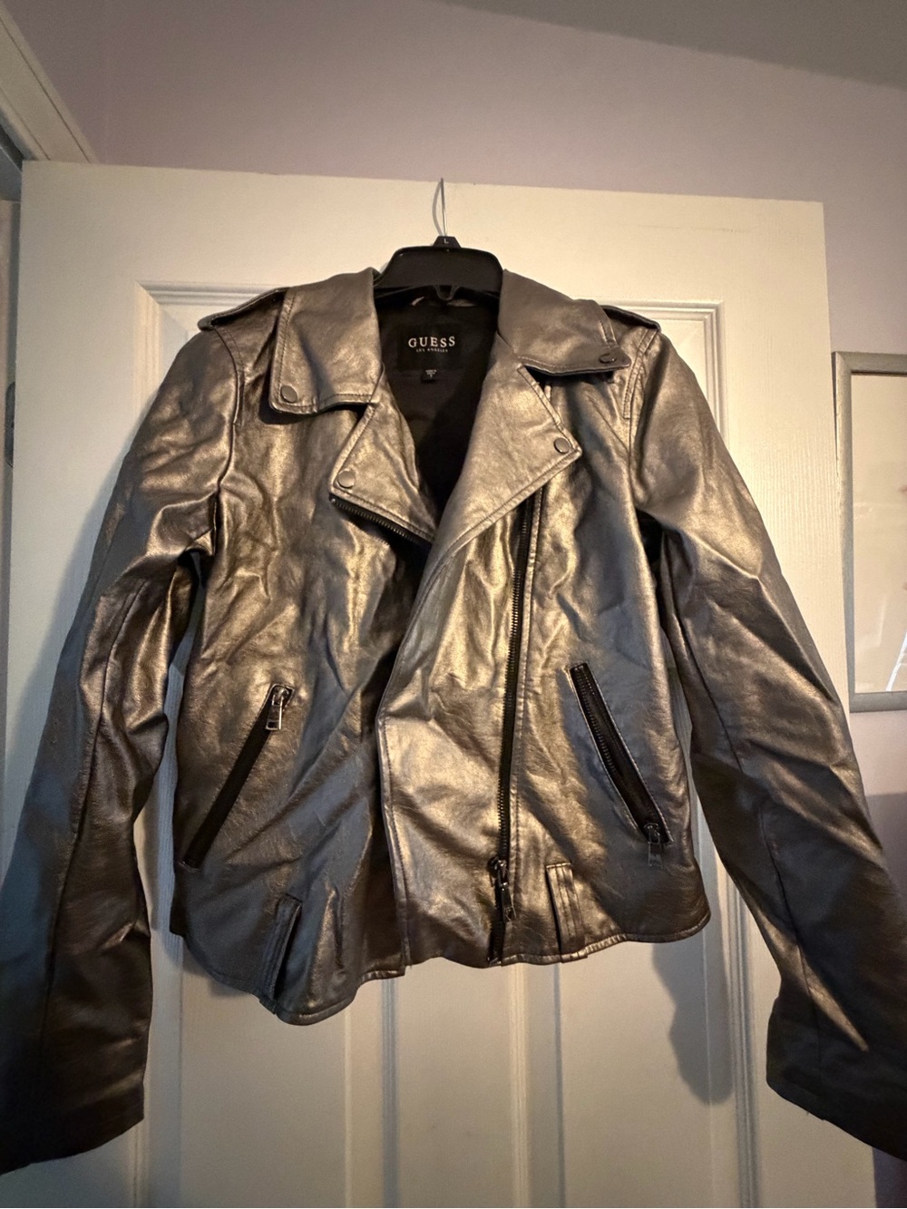 GUESS Silver Metallic Moto-Style Leather Jacket